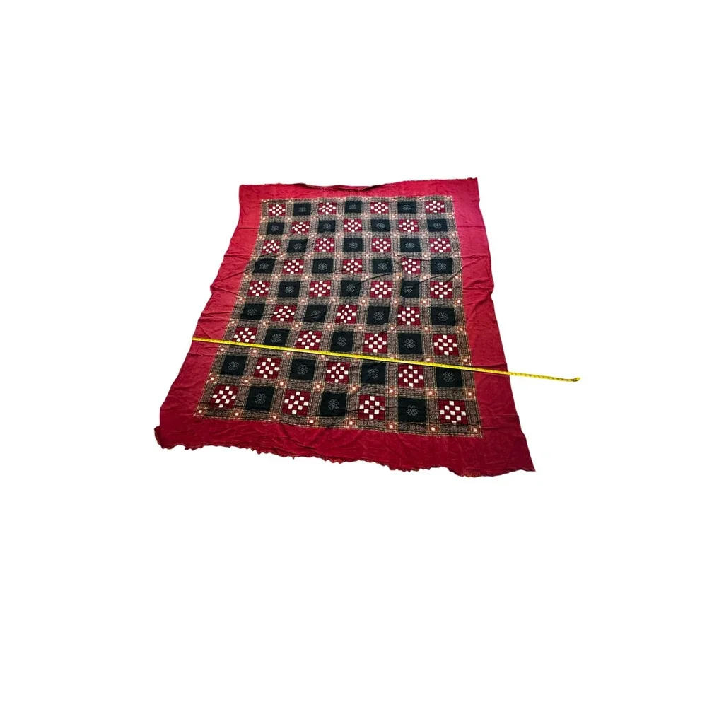 Sambalpuri Ikat Cotton Fabric Red Black Pasapalli Checkerboard Handloom Coverlet
